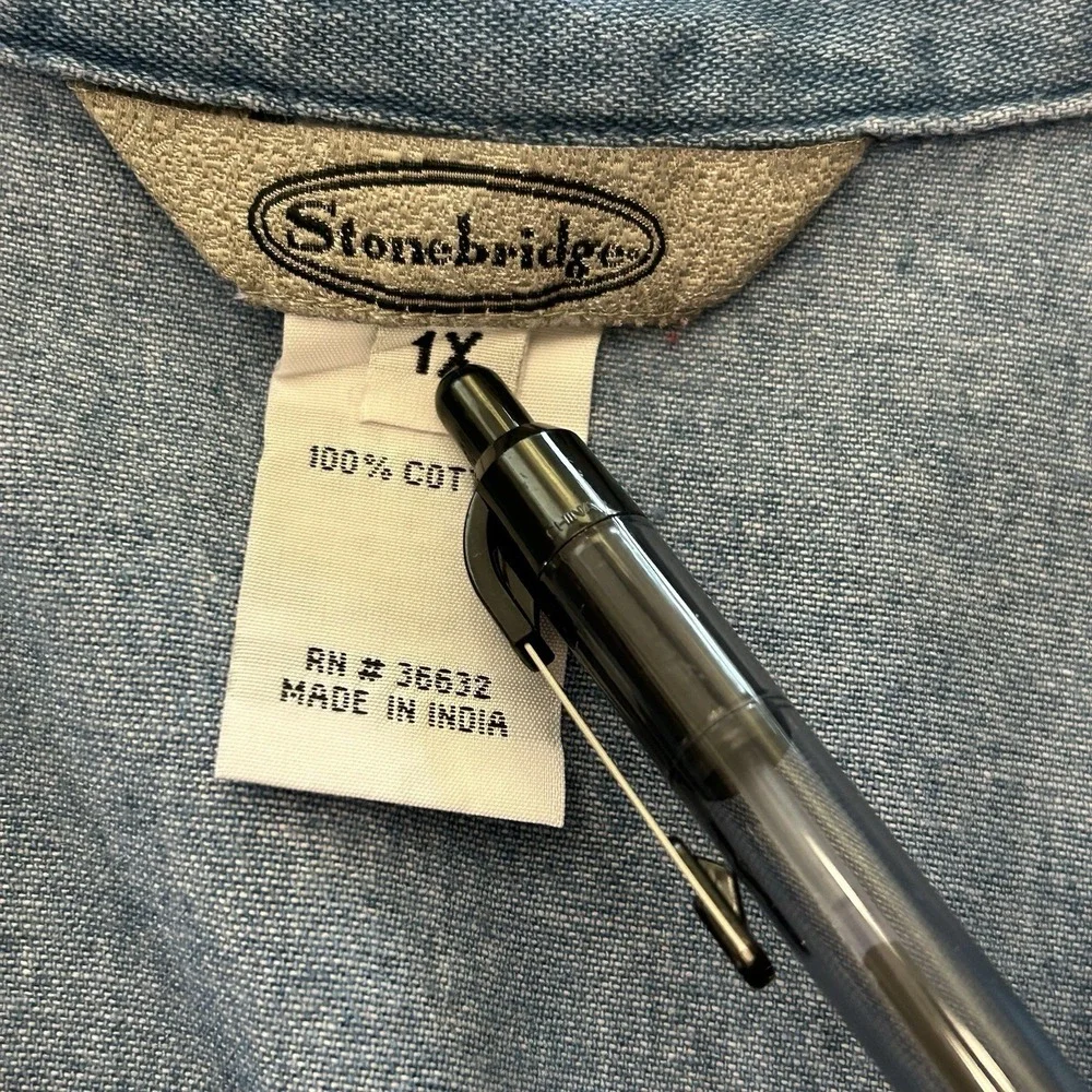 Stonebridge 1X Chambray‎ Denim Beaded Fringe Hem Shirt Festival Western Plus - Picture 9 of 13
